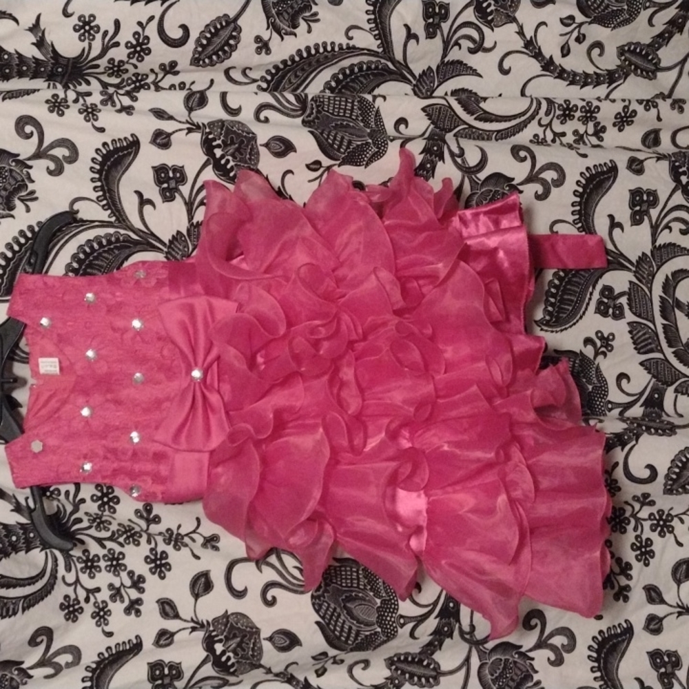 Pink Tiered  Easter Dress with Glass Bead Flowers